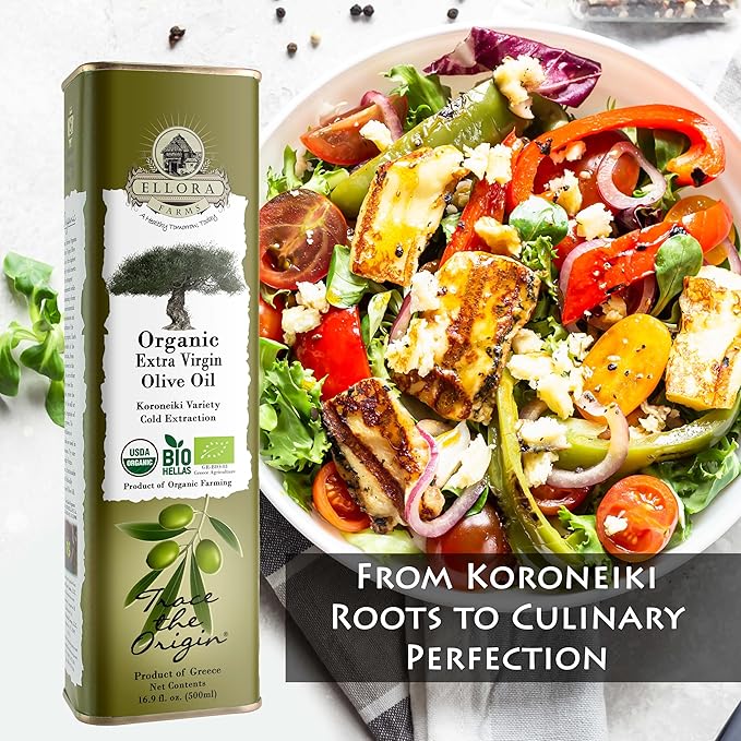 Ellora Farms Extra Virgin Olive Oil Organic Cold Press Traceable Single Origin Olive Oil Kosher 17 oz. tin