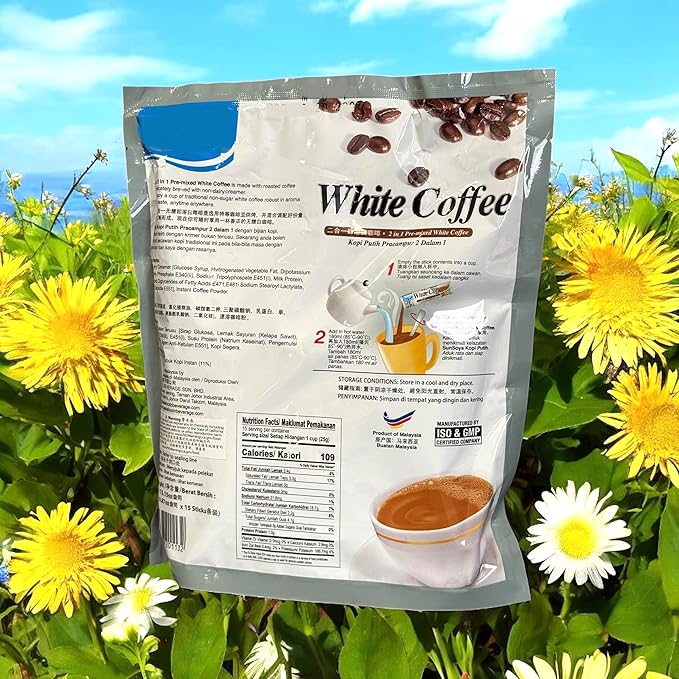 2 Packs - Instant White Coffee 2 in 1 - Ca Phe Trang Hoa Tan Sua Duong - 15 Sticks per Bags with 2 Bags per Order - Product of Maylaysia