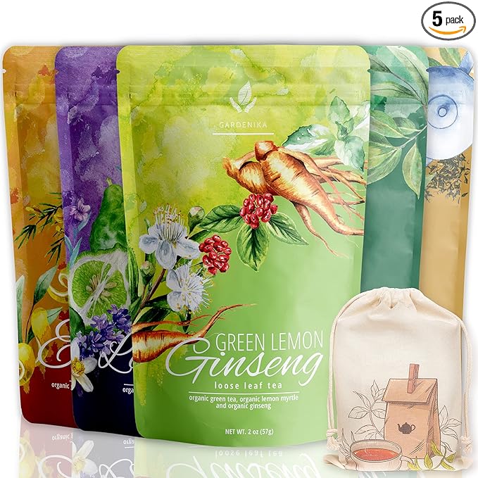 Gardenika Organic Loose Leaf Tea Sampler - Caffeinated - Black and Green Leaves Variety - Kosher No Natural or Artificial Flavors - 5 Pack
