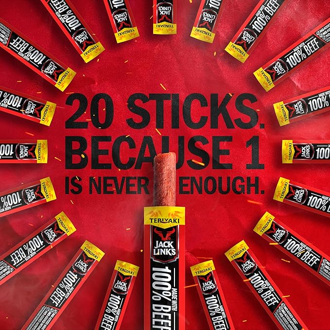 Jack Link's Beef SticksTeriyaki - Protein SnackMeat Stick with 5g of ProteinBeef Jerky Meat Snack Sticks Made with 100%-BeefKeto FriendlyIndividually Wrapped - 0.92 Oz.(Pack of 40)