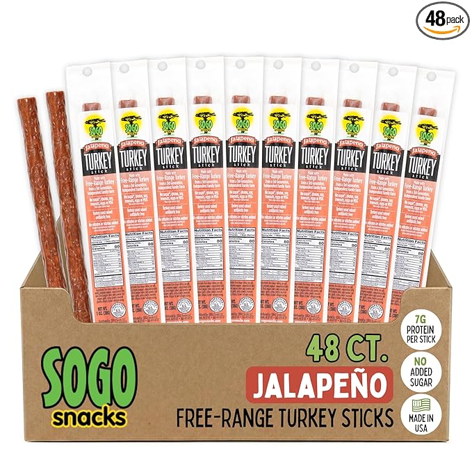 Jalapeño Turkey Sogo Snacks No Sugar Low Carb Free-Range from a 3rd Generation Independent Family Farm. Gluten Free Hiking Snacks. Keto Whole Paleo Friendly (Jalapeño Turkey 48 Count)