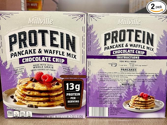 Millville Protein Pancake &amp Waffle Mix Chocolate Chip 13g Protein per Serving 100% Whole Grain 18 oz
