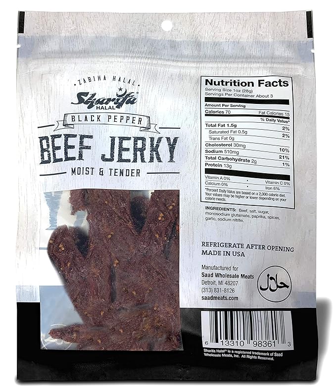 Sharifa Halal Beef Jerky Black Pepper(5 Pack) Each Bag 2.85 oz – Great Everyday Halal Jerky Beef Meat Snack 100 % Real Zabiha Halal Beef 13g of Protein 70 Calories 0g Trans Fat &amp 2g of Carb