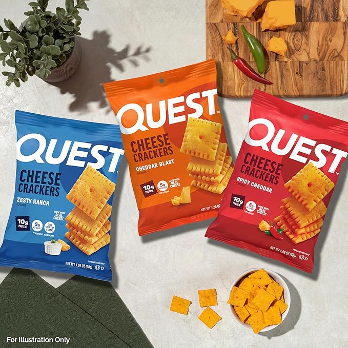Quest Cheesy Protein Crackers Variety Pack Zesty Ranch Cheddar Blast Spicy Cheddar High Protein Low Carb 12 Count (4 each flavor)