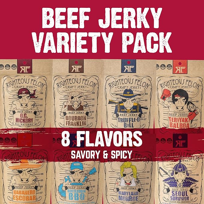 Righteous Felon Beef Jerky Variety Pack | Gluten Free Beef Jerky Snack Packs for Adults | High Protein Keto-Friendly Low Sugar | Made with Premium Meats | Beef Jerky Gifts for Men | Sampler 8 Pack