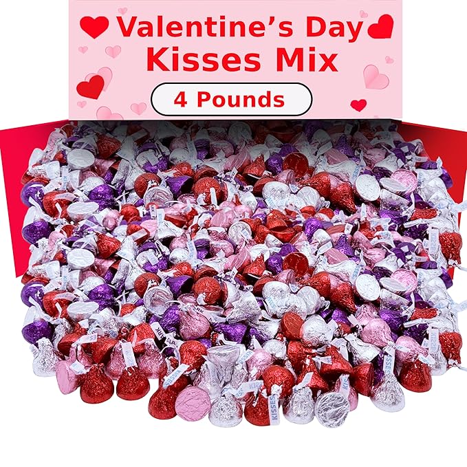 Valentine's Day Hugs and Kisses Mix 4 Lbs Bulk Variety Hershey Chocolate Kisses in Pink and Purple Foils Valentine's Day Chocolate Milk and Dark Assortment Individually Wrapped Candy Food Gift Ap