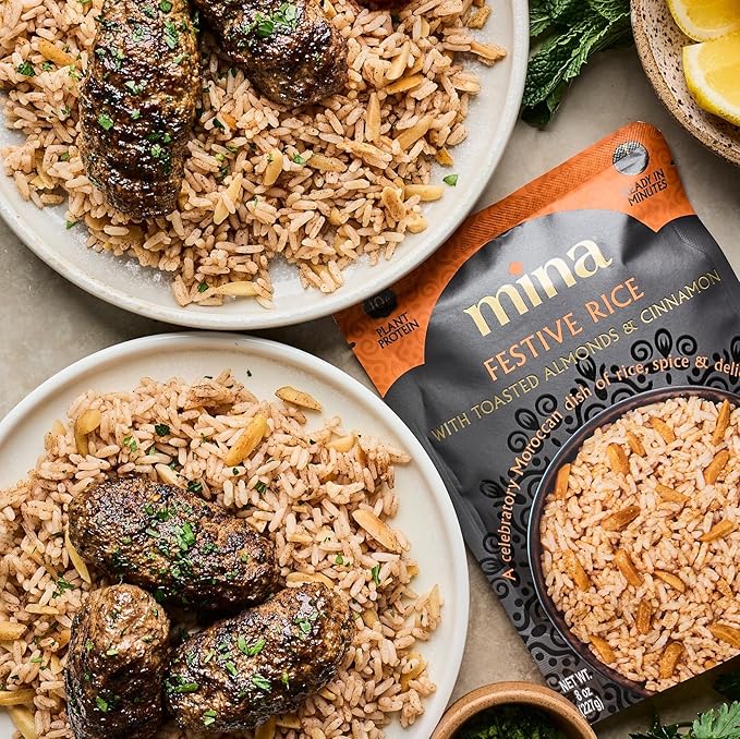 Mina Festive Rice With Toasted Almonds &amp Cinnamon Ready to Eat Rice Pilaf Side Dishes Microwave Rice Vegan Protein Non-GMO Gluten-Free Kosher 8 oz (Pack of 6)