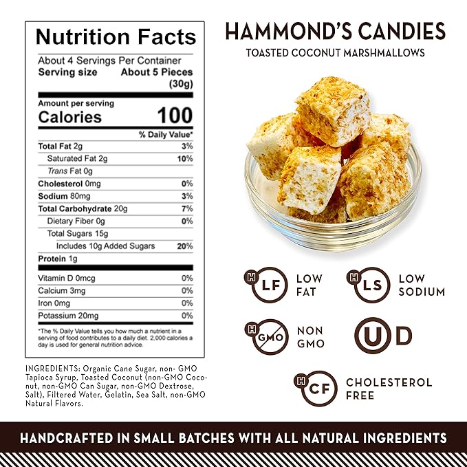 Hammond’s Candies Gourmet Marshmallows – Toasted Coconut | Great for Snacking Hot Chocolate S’mores Baking | Gluten-Free Kosher Handcrafted in the USA | 2 Pack