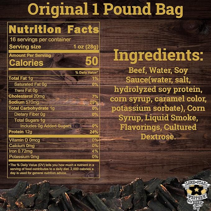 Lone Star Original Beef Jerky - 1 Pound (Pack of 2) Resealable Bags - Hickory Smoked Handcrafted Flavor - High Protein Healthy Meat Snack