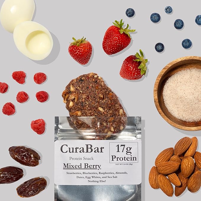 CuraBar Protein Bars – 17g Protein Low Carb Gluten Free Dairy Free Healthy Snack Seed Oil Free No Artificial Ingredients 12 Count Mixed Berry