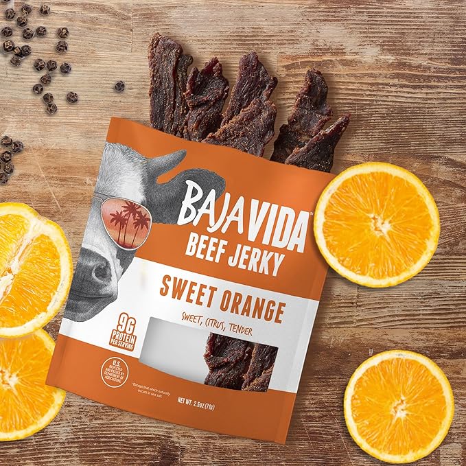 BAJA BEEF Baja Vida Sweet Orange Beef Jerky - Beef Jerky Snack Packs Healthy Jerky Gluten-Free All-Natural Beef No MSG Made in the USA - 2.5 Oz (Pack of 3)