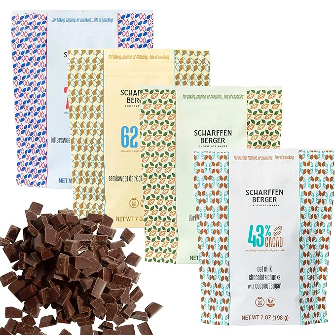 Scharffen Berger Baking Chocolate Chunks Variety Pack (7 Ounce Pack of 4) - Dark &amp Milk Chocolate Chunks for Baking Cacao Gluten Free Non GMO Natural Chocolates Individual Baking Chocolate