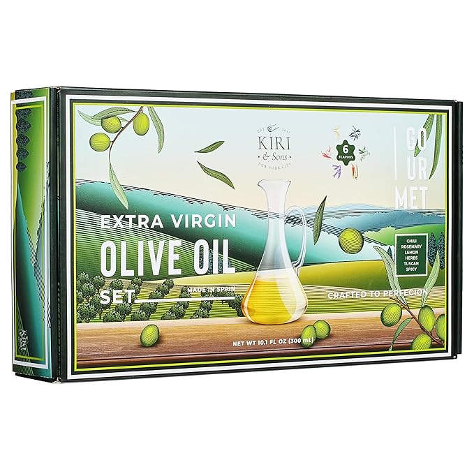 Kiri &amp Sons Olive Oil Gourmet Sampler Gift Set of 6 - Premium Extra-Virgin Blend Olive Oil Made In Spain Natural Flavors Include Herbs Chili Spice Rosemary Tuscan &amp Lemon - Gifts for Her