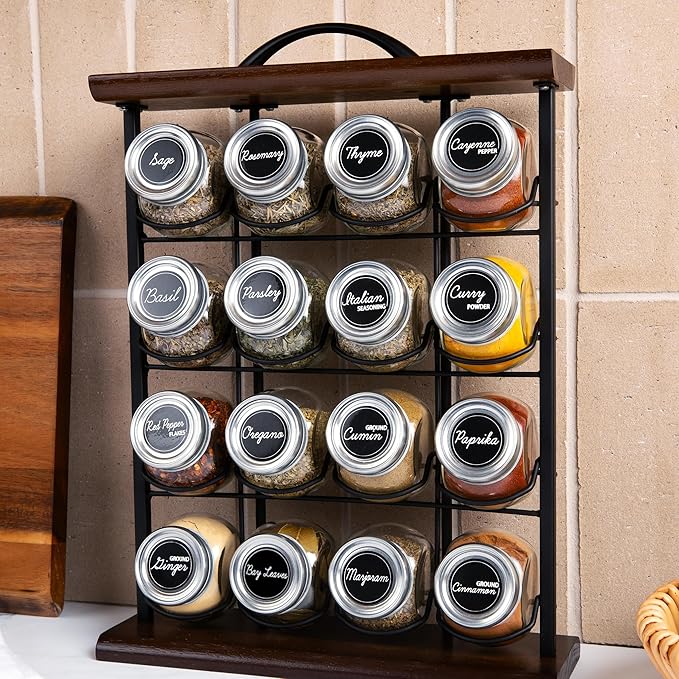 Orii 16 Jar Acacia Wood Vertical Spice Rack with Spices Included &amp 5-Year Spice Refill Program – Space-Saving Countertop Spice Rack with Glass Jars