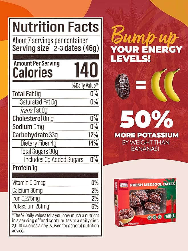 Natural Delights Dates – Large &amp Plump Non-GMO Verified Good Source of Fiber Naturally Sweet Fruit Snack Perfect for On-the-Go - Medjool Dates Whole 2 lb Box