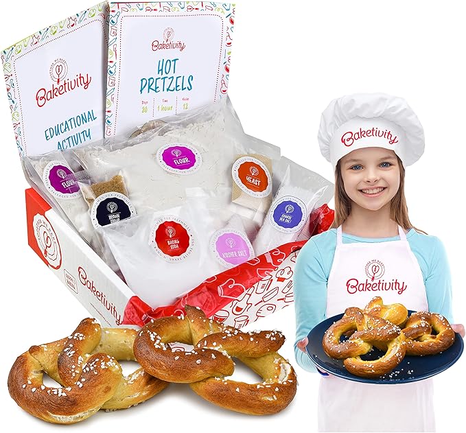 Baketivity Kids Baking Set Meal Cooking Party Supply Kit for Teens Real Fun Little Junior Chef Essential Kitchen Lessons Includes Pre-Measured Ingredients (Kit +Hat &amp Apron Pretzel)