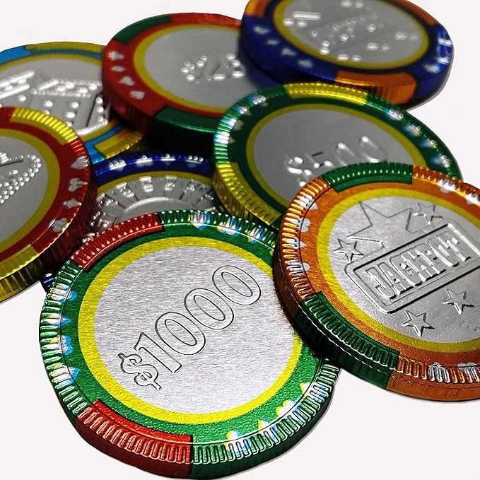 Foiled Again! Chocolate Casino Chips - Belgian Milk Chocolate Coins - Assorted Casino Designs - Sealed Resealable Bag - 1 pound