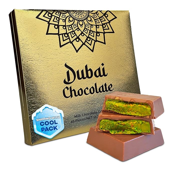Dubai Pistachio Chocolate Gift Box – 16 Pieces x 0.7 oz) | Premium Stuffed Chocolate Gold-Wrapped Treats Inspired by Knafeh