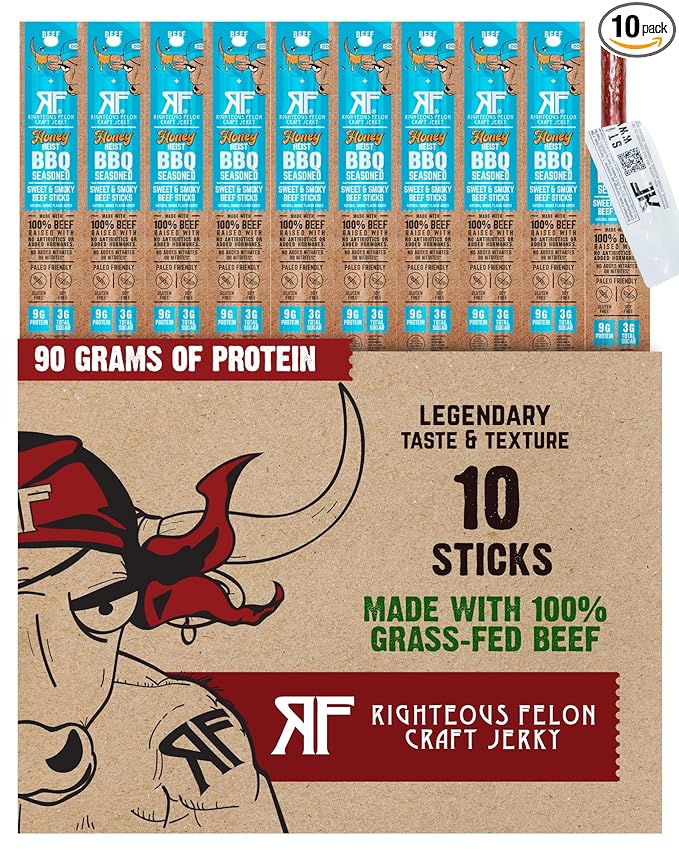 Righteous Felon Meat Sticks | 100% Grass Fed Beef | 9g Protein per Stick | Keto Gluten-Free Low Sugar High Protein Snack Sticks | Individually Wrapped | Honey Heist BBQ Beef Sticks 10 Count