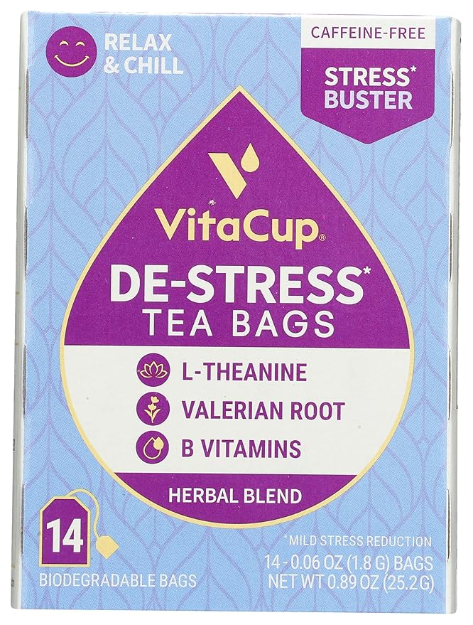 DeStress Herbal Tea Bags by VitaCup Relax &amp Chill w/Chamomile L-Theanine Valerian Root &amp B Vitamins Caffeine Free Single Serve Wellness Tea Sachet Bag 14 ct