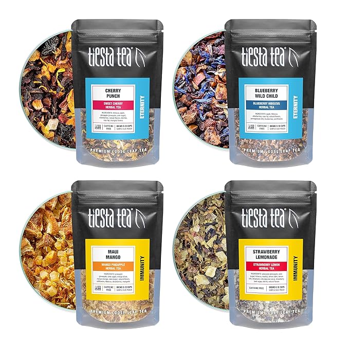 Tiesta Tea - Fruity Tea Sampler Dry Flight Set Loose Leaf No Caffeine Makes Hot and Iced Assorted Fruit Brews with Mango Peach Orange Drinks &amp More 8 Resealable Sample Pouches