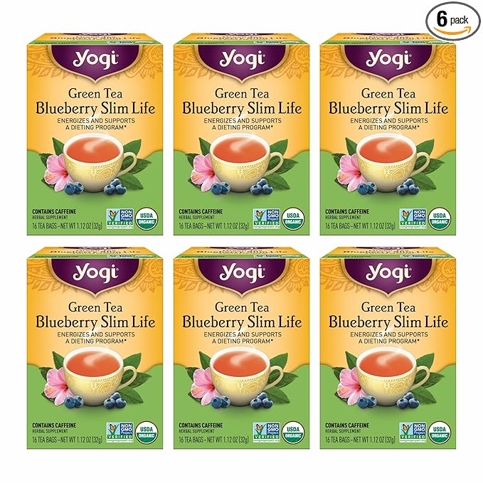 Yogi Tea Green Tea Blueberry Slim Life Tea - 16 Tea Bags per Pack (6 Packs) - Organic Tea to Support Stamina &amp Energy - Includes Green Tea Leaf Bilberry Leaf Hibiscus Flower Blueberries &amp M