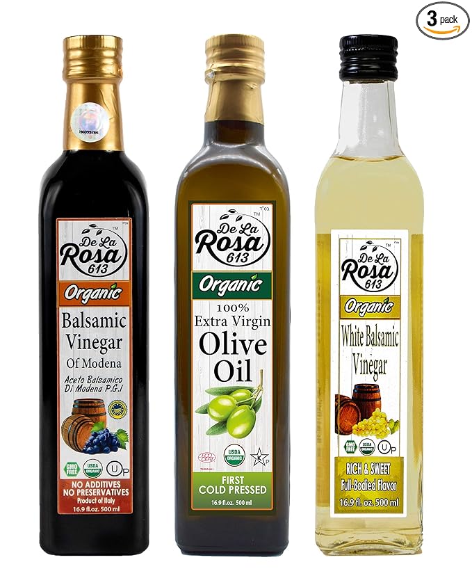 De La Rosa Extra Virgin Olive Oil Balsamic &amp White Balsamic Vinegar 100% Pure Raw &amp Unfiltered Vegan Kosher &amp Gluten Free Great for Salad Dressings Marinades &amp More 16.9 Oz (Pac