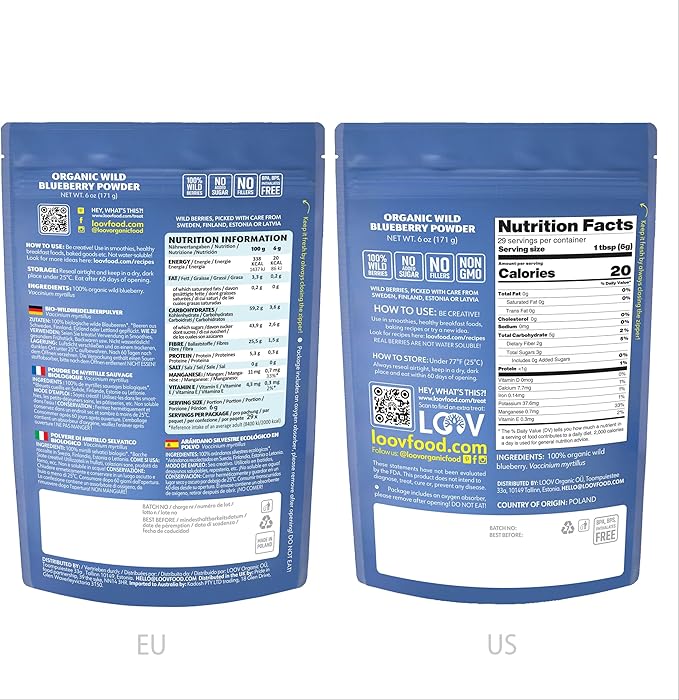 LOOV Organic Wild Blueberry Powder - 29-Day Supply 6 Oz Good for Smoothie &amp Breakfast Freeze-Dried from Northern Europe No Added Sugar