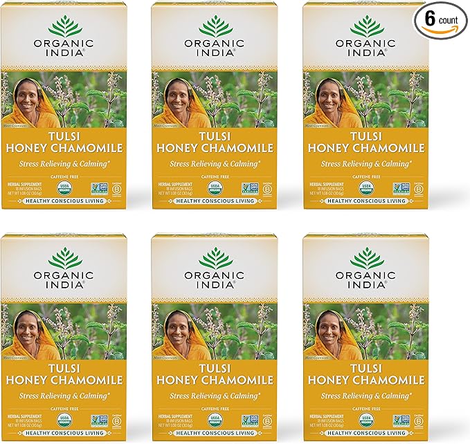 Organic India Tulsi Honey Chamomile Tea Bags - Herbal Tea for Stress Relieving &amp Calming Immune Support Adaptogen Gluten-Free USDA Certified Organic Caffeine-Free - 18 Infusion Bags 6 Pack