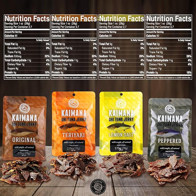 Kaimana Wild-Caught Ahi Tuna Jerky - Teriyaki | Rich in Omega-3s &amp High in Protein | All-Natural &amp Organic Fish Jerky (9 oz)