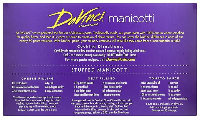 DaVinci Signature Cannelloni-Manicotti Pasta 8 Ounce Resealable Bags (Pack of 12)