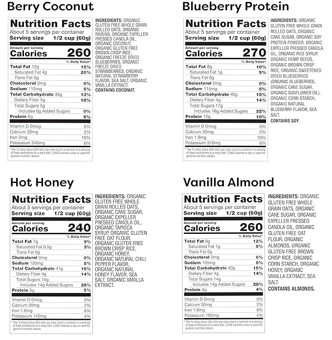 Oatsome Granola Variety Pack - Berry Coconut (6g Protein) Vanilla Almond (5g Protein) Blueberry (10g Protein) Hot Honey (5g Protein) - Gluten Free Organic Oats 10 Oz Bags