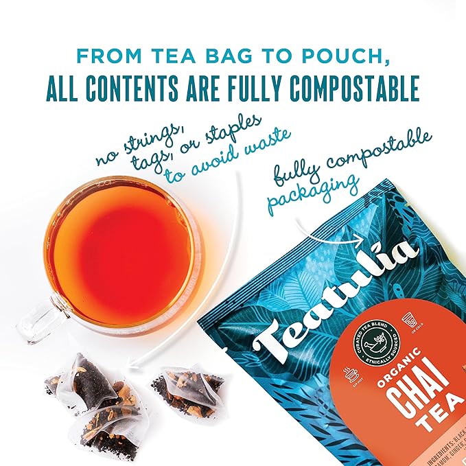 Teatulia Organic Masala Chai Tea Bags (50 Pyramid Sachet Teabags) Premium Whole Leaf. Compostable &amp Sustainably Grown In Bangladesh. Black Tea Cinnamon Cardamom Ginger Root Black Pepper Clove