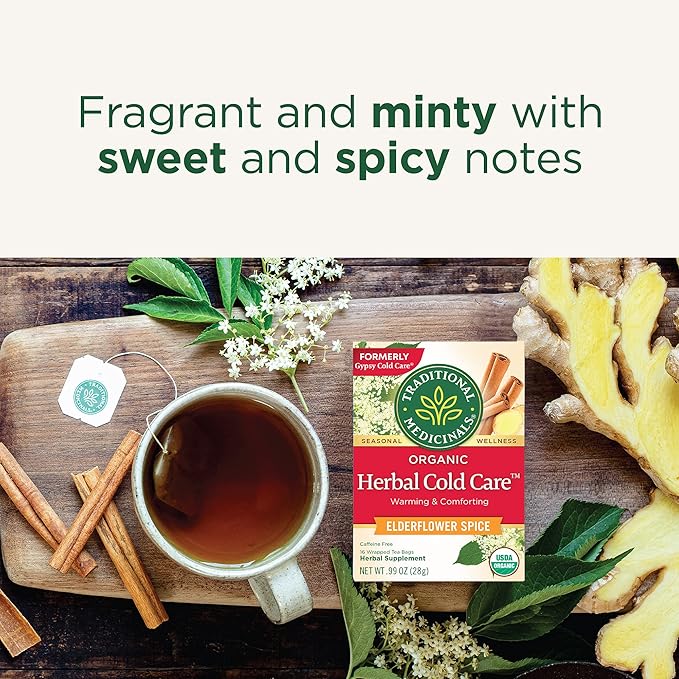 Traditional Medicinals Tea Herbal Cold Care Seasonal Tea with Elderflower Spice Kosher Non-GMO Caffeine-Free Compostable - 96 Tea Bags (6 Pack)