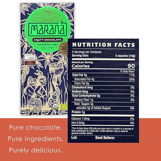 Maraná Chocolate San Martin 80% Dark Chocolate 3 Pack - Peruvian Chocolate - Premium Bean-to-Bar Direct Sourced Made at Origin Single Origin Woman Owned BIPOC Owned Organic Award Winning - Veg