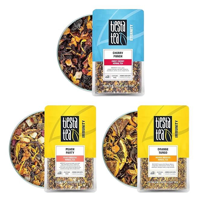 Tiesta Tea - Fruit Frenzy Trio Loose Leaf 3 Exotic Herbal Blends Assorted Non-Caffeinated Fruit Teas Makes Hot or Iced 2oz Pouches of Cherry Punch Peach Party Orange Tango (Pack of 3)