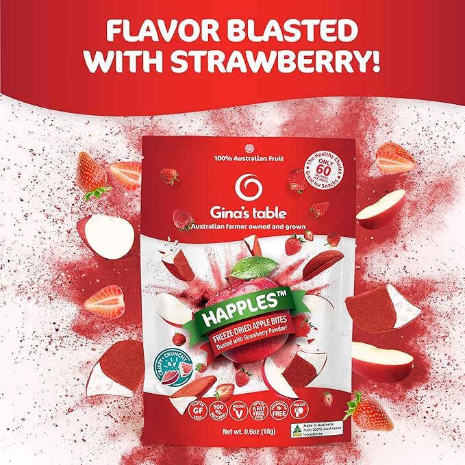 Happles Freeze Dried Apples with Strawberry Fruit Powder – 100% Natural No Added Sugar Healthy Low Calorie Apple Crisps Snack for Adults &amp Kids Gluten Free No Artificial Flavours (10 Pack)