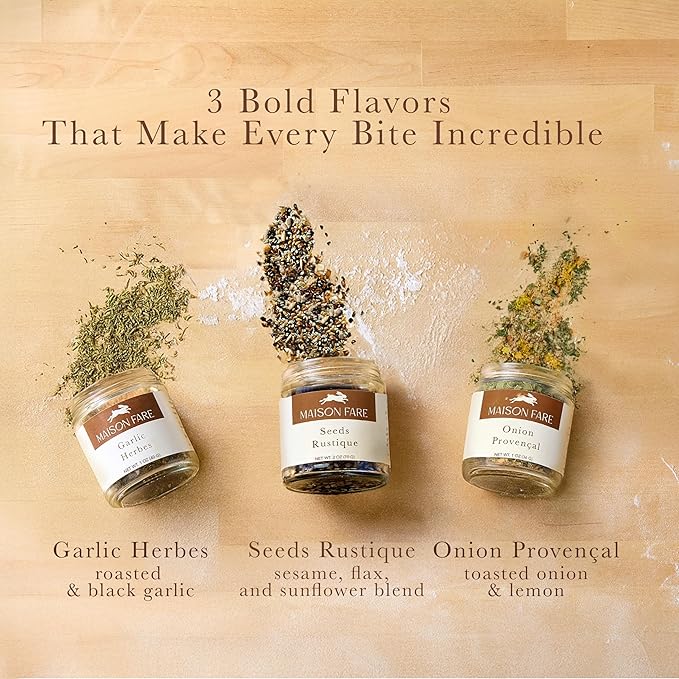 Set of 3 Artisan Bread Seasoning Mixes – Garlic Herbs with Black Garlic Seed Blend and Toasted Onion With Lemon | Seasoning Blends for Bread Dough Dips Dressings Spreads | Gourmet Gift Set
