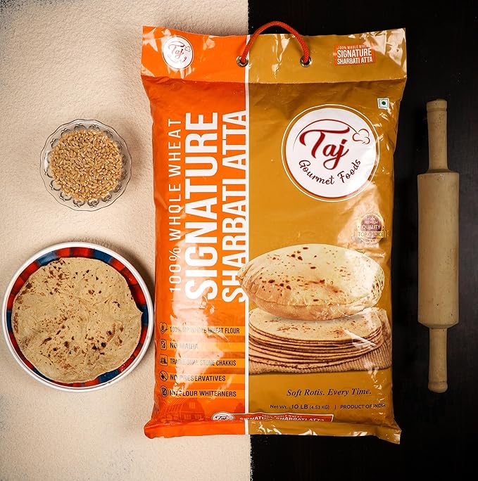 TAJ Signature Sharbati Atta 10lbs (Chakki Atta - Stone Ground) 100% Whole Wheat Flour Chappati Flour