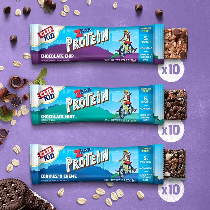 CLIF Kid Zbar Protein Chocolate Chip Chocolate Mint &amp Cookies 'n Creme Value Pack with Zbar Chocolate Brownie - 48 Count