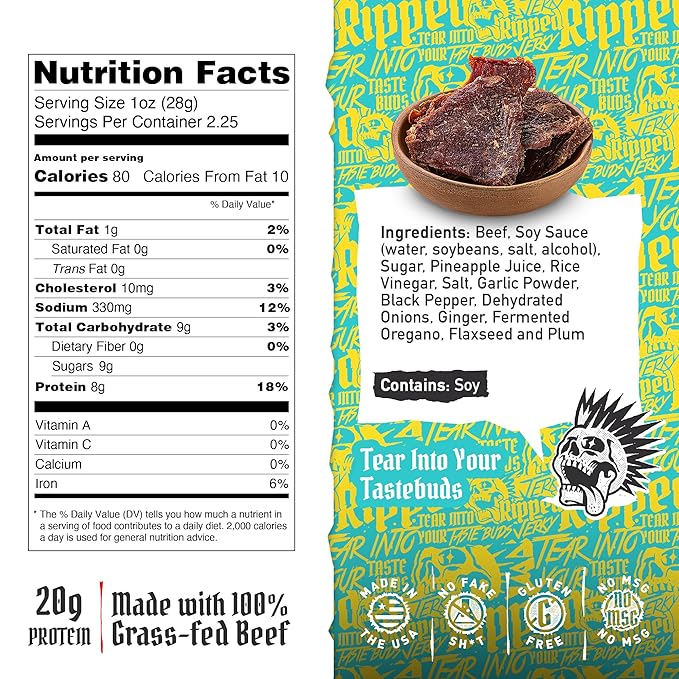 Ripped Beef Jerky - 100% Grass Fed Beef 20g Protein Real Ingredients Gluten Free No MSG Made in USA (2.5 Ounce (Pack of 3) Maui Wowie)