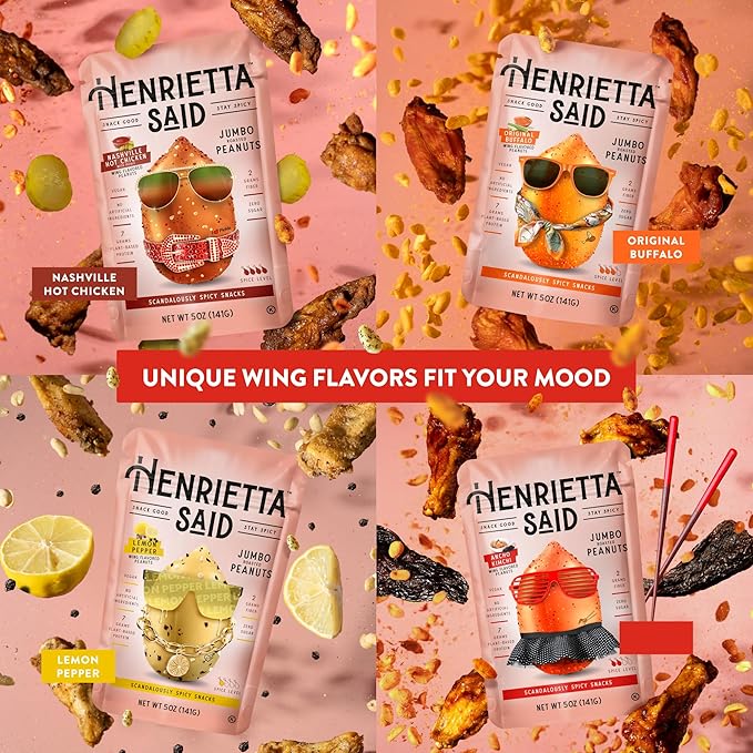 Henrietta Said Wing-Flavored Peanuts - Variety Pack - Truly Good Foods Shelled Snacking Nuts - Bold Flavors - Savory &amp Spicy - Jumbo Flavored Peanuts - Protein Packed Vegan Snack - 4 (5-oz) Packs