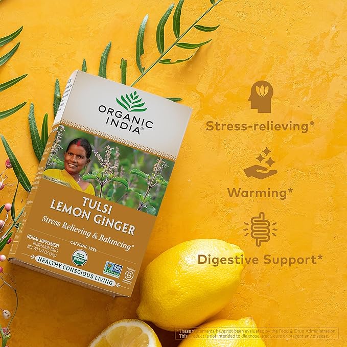 Organic India Tulsi Lemon Ginger Tea Bags - Herbal Tea Stress Relieving &amp Reviving Immune Support Aids Digestion Vegan USDA Certified Organic Non-GMO Caffeine-Free - 18 Infusion Bags 6 Pac