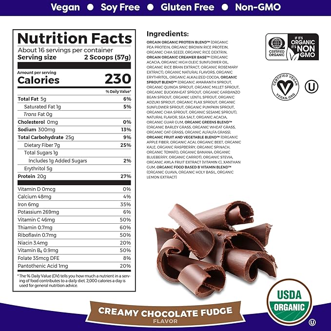 Orgain Organic Vegan Meal Replacement Protein Powder Creamy Chocolate Fudge (2.03lb) Organic Greens Powder + 50 Superfoods (0.62lb) Bundle