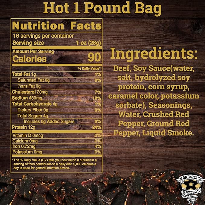 Lone Star Hot Flavored Beef Jerky - 1 Pound Resealable Bag - Hickory Smoked Handcrafted Flavor - High Protein Healthy Meat Snack