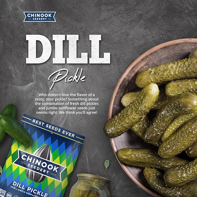 Chinook Seedery Sunflower Seeds to Eat — Jumbo Flavored Roasted Low Sodium Snacks — Keto Friendly Gluten-Free Non-GMO — Dill Pickle Sunflower Seeds 4 oz (12-Pack)