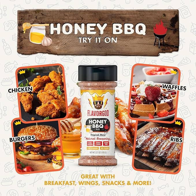 Honey BBQ Rub Mix 2 Bottles by Flavor God - Premium All Natural &amp Healthy Spice Blend for Grilling Chicken Beef Chili Seafood Vegetables &amp Salad - Kosher Gluten-Free Dairy-Free Steak R