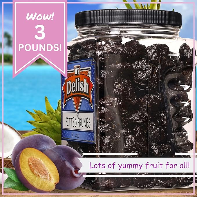 Dried Pitted Prunes Unsweetened by It's Delish 3 Lbs Jumbo Container | Naturally Sweet No Sugar Added High Fiber Dried Fruit Snack | Healthy Moist and Fresh Dry Plums | Vegan Kosher
