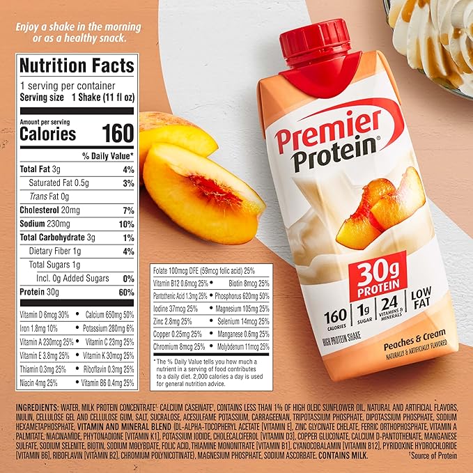 Premier Protein Shake Peaches &amp Cream 30g Protein No Added Sugar 24 Vitamins &amp Minerals to Support Immune Health 11 fl oz 12 Pack (Packaging May Vary)