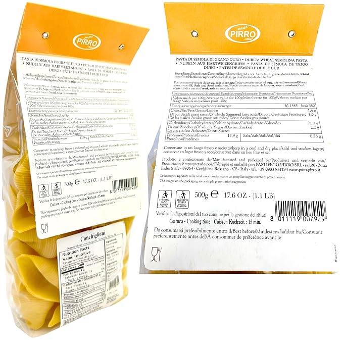 Pasta Pirro Conchiglioni 1.1 lb. (500g)(Pack of 2) Jumbo Pasta Shells for Stuffing - Conchiglie - Caccavella - Lumaconi - Similar to Cannelloni Tubes - Manicotti